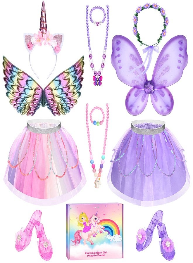 TSDATOWR Unicorn & Flower Princess Dress Up Clothes Set for Girls - Tutu, Wings, Shoes, Jewelry, Headband & Play Toys Gift Set for Toddlers - Image 1